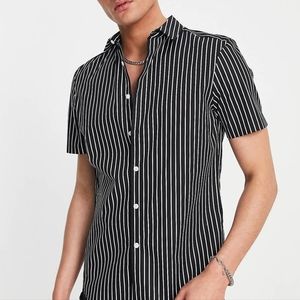 Asos Design,  Black and White Stipe short sleeve button down casual shirt